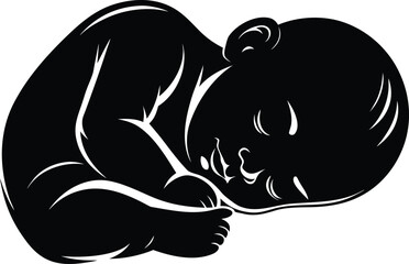 Sleeping Baby Silhouette in Fetal Position with Curled Limbs and Peaceful Expression