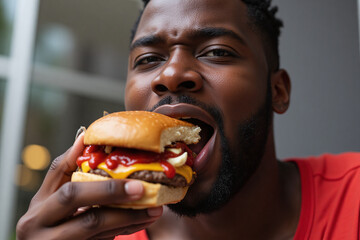 Close-Up Portrait of African Young Man Enjoying Juicy Beef Burger