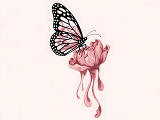 A delicate monarch butterfly perches on a melting pink flower, blending nature with abstract art.