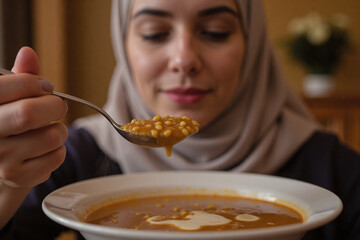 Close-Up Portrait of Young Hijabi Woman Enjoying Lentil Soup in a Restaurant