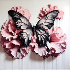 A dramatic mixed-media artwork featuring a black and white butterfly over textured pink flowers.