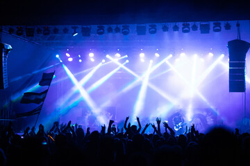 Crowd at concert and blurred stage lights.