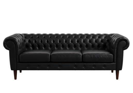 Elegant black leather chesterfield sofa with button tufting isolated on transparent background