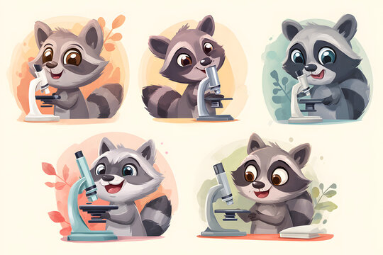 Cute cartoon raccoons using microscope in educational setting