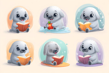 Cute Seals Reading Books and Playing with Apple in Colorful Backgrounds
