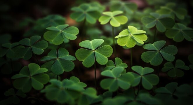 A patch of green clovers with one prominent four-leaf clover - Powered by Adobe