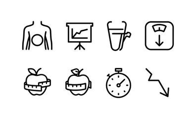 Health and fitness line icons: track weight loss, nutrition, and hydration
