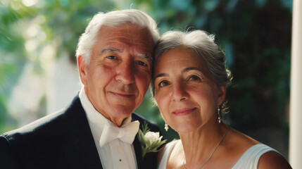 An elderly couple joyfully embraces on their special wedding day, adorned with flowers.