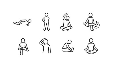 Outlined yoga poses featuring diverse seated and standing positions