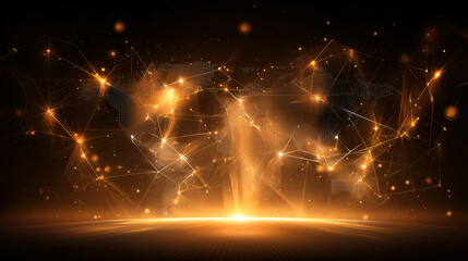 Futuristic World Map Composed of Glowing Data Points, Lines & Orange Flare