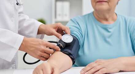 A close-up of a doctor or nurse checking the blood pressure of an overweight senior woman in a calm, professional, and caring manner.