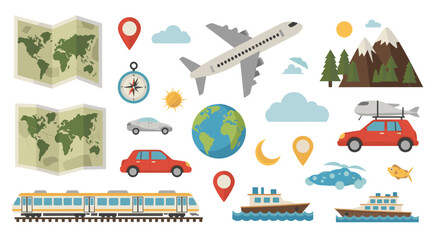 Fototapeta premium Illustration of various travel elements including maps, airplane, train, cars, and boats displayed