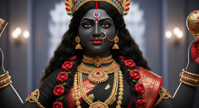 A captivating close-up of the Hindu Goddess Kali, depicted with dark skin, adorned with elaborate gold jewelry, a red and gold sari, and a crown, against a blurred temple background