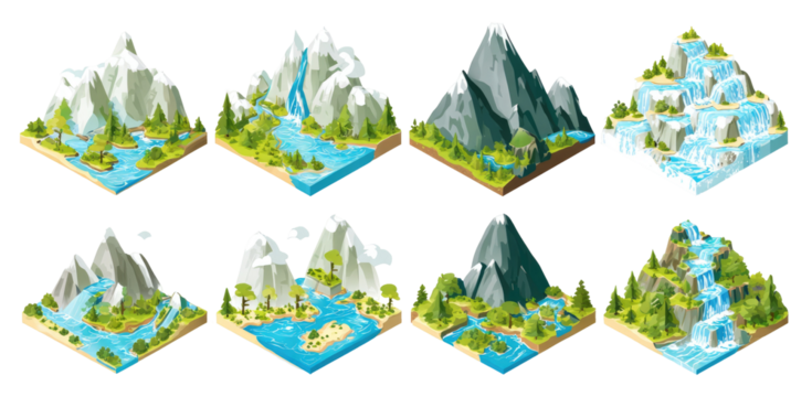 Isometric landscapes with mountains, rivers, and waterfalls