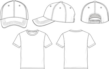 CAD drawing flat vector illustration of unisex baseball cap and basic crew neck t-shirt front back side technical fashion template