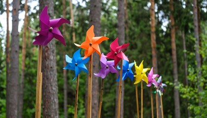 Colorful pinwheels in a forest