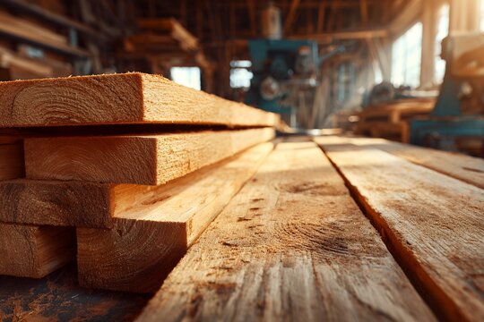 Stacked pine boards in sunlit sawmill workshop showing freshly cut lumber