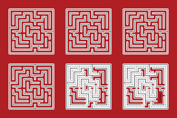 Red mazes with white paths and black outlines on a crimson background labyrinth puzzle