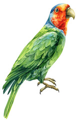 Watercolor Red-Cheeked Parrot Geoffroyus geoffroyi with Green Feathers and Red Head on Branch isolated Background