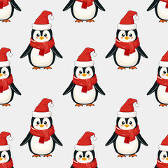 Vector seamless pattern penguin in a red New Year's hat and a warm scarf. Perfect for wrapping paper, packaging, fabric, and textile design.