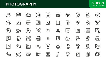 Photography mastery captured with minimal clarity, premium modern vector line icon collection showcasing camera, DSLR, lens, tripod, flash, studio gear symbols