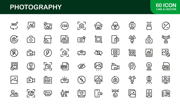 Photography mastery captured with minimal clarity, premium modern vector line icon collection showcasing camera, DSLR, lens, tripod, flash, studio gear symbols
