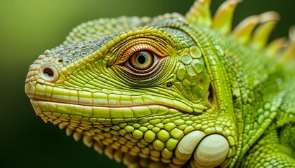 Fototapeta premium Stunning close-up of a vibrant green iguana with a vivid orange and blue eyes, showcasing detailed scales and spiky back, perfect for wildlife or nature photography.