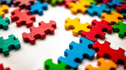 Vibrant colorful puzzle pieces scattered on white background, symbolizing teamwork, problem solving, and creative solutions