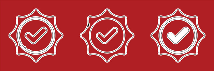 White checkmarks within starburst seals on red background emblem badge