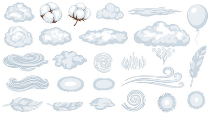 Obraz premium Collection of cotton balls clouds feathers and wind elements in various shapes and arrangements isolated