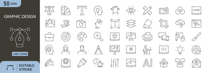Graphic Design icons set. Includes icons for pencil, , computer, typography, brush, color wheel, vector, layers, creativity, and editing tools. Perfect for infographics, mobile apps, and web design.