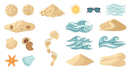 Collection of beach themed elements including sand, shells, waves, sun, and footprints on a white background