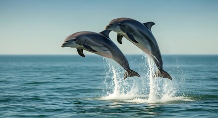 Fototapeta premium Two dolphins leap gracefully from the ocean, showcasing their playful nature and agility in the sunlight.