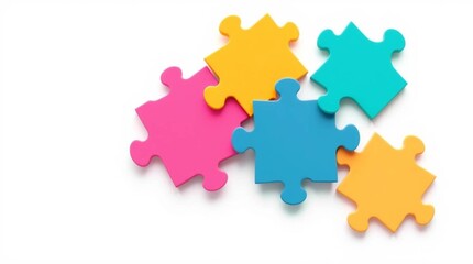 Fototapeta premium Colorful jigsaw puzzle pieces coming together representing teamwork, collaboration, and problem-solving on white background