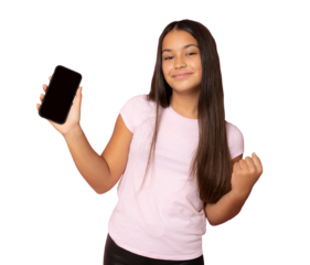 Young beautiful young girl with long hair holding blank screen mobile phone over transparent background. PNG
