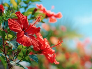 Vibrant red hibiscus blossoms in a garden setting.