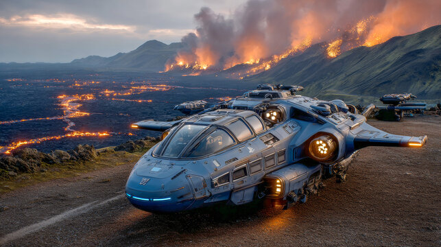 A futuristic spaceship lands on a rugged, black volcanic landscape, surrounded by flowing lava. Heat distortion creates an otherworldly atmosphere against the dark sky filled with glowing clouds - Powered by Adobe