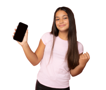 Young beautiful young girl with long hair holding blank screen mobile phone over transparent background. PNG