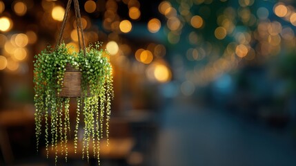 Hanging planter with trailing greenery against a blurred background of lights.