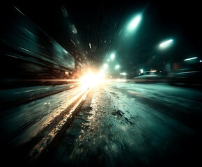 the scene depicts a distorted, high speed perspective of a street at night