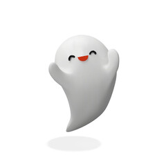A joyful 3D ghost with a bright smile and raised arms. The ghost has a soft body, expressive eyes, and a cheerful red mouth. Halloween party invitations, festive banners, or playful seasonal designs.
