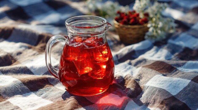 Glass pitcher of iced berry drink on picnic blanket