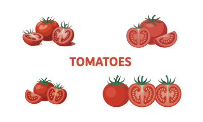Scalable vector illustration set of red tomatoes in various forms, easily editable.
