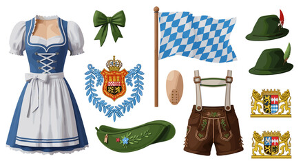 A collection of bavarian traditional clothing and symbols including dirndl lederhosen and flag on display