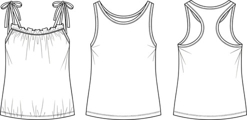 CAD drawing flat vector illustration of women tank tops, fashion technical sketch, casual sleeveless tops with ties, racerback design