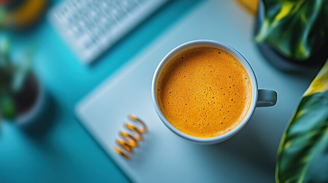 Overhead view of coffee, notepad, and plants