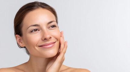 Happy mature woman with natural beauty touching her soft cheek. content female with perfect skin, face representing healthy skincare routine and gentle wellness