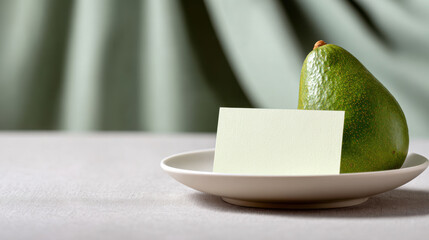 Minimalist mockup of healthy green avocado and blank branding card on plate. This fresh food still life provides calm, clean background for design or copy