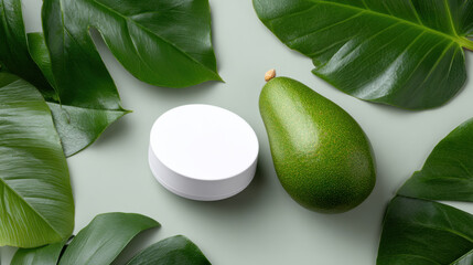 Natural cosmetic cream jar mockup with fresh avocado and tropical monstera leaf on green background. serene scene for beauty, skincare, and organic product concepts