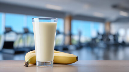 Refreshing glass of banana smoothie provides healthy energy after workout. delicious drink for fitness and nutrition on table inside modern gym with blurred background